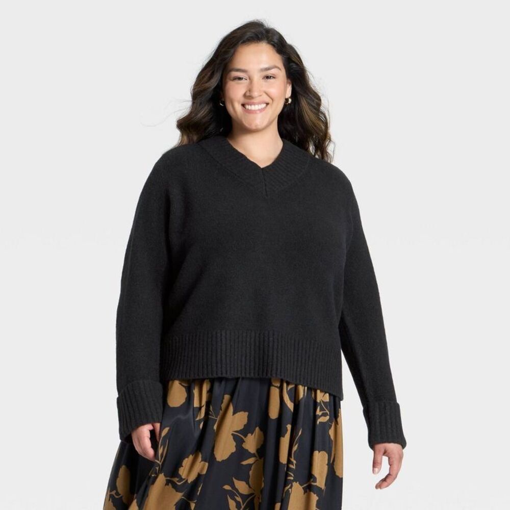 Women's Cozy Knit Boxy Pullover Sweater - A New Day Black XXL